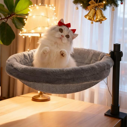 Cat Desk Bed, Adjustable & Rotating 360° Cat Desk Hammock, Dual-Side Elevated Pet Desk Bed w/Toy Mouse for Computer Desks, Island/Coffee Tables, Weight Capacity 33 LBS