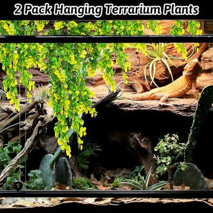 Hamiledyi 6 PCS Reptile Plants Hanging Terrarium Plants Artificial Leaves Habitat Decorations with Suction Cup Green and Yellow Fake Amphibian Plants for Bearded Dragon Lizard Geckos Chameleon