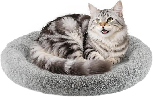 NAMSAN Round Cat Beds for Indoor Cats, 19.5 x 19.5 x 2 inch, Self Warm Pet Bed Pad with Pillow Around, Plush Cushion for Small Medium Dogs Large Cats, Antiskid Bottom, Grey