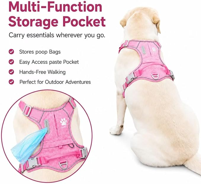 No Pull Dog Harness with Built-in Hidden AirTag & GPS Tracker Holder, Reflective Adjustable Escape-Proof Vest Harness for Small & Medium Dogs (Pink, XL)