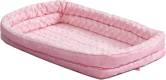 MidWest Homes for Pets XXS QuietTime Double Bolster Pet Bed, Pink Plush 18-Inch Crate Mat with Stacked Bolsters, Machine Washable, Secure Fit with Elastic Straps