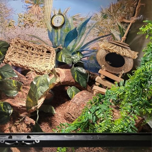 Gecko Tank Accessories,Grested Gecko Coconut Hideout Hut with Ladder Reptile Hanging Plants Climbing Bearded Dragon Hammock Flexible Jungle Vine Leaves Terrarium Decor