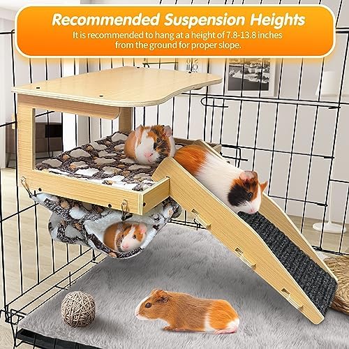 Guinea Pig Hideout，Natural Wood Removable Guinea Pig Bed, Small Animal Habitat with Hanging Hammock/Staircase/Cushion, Suitable for Small Animals to Hide, Rest, Play