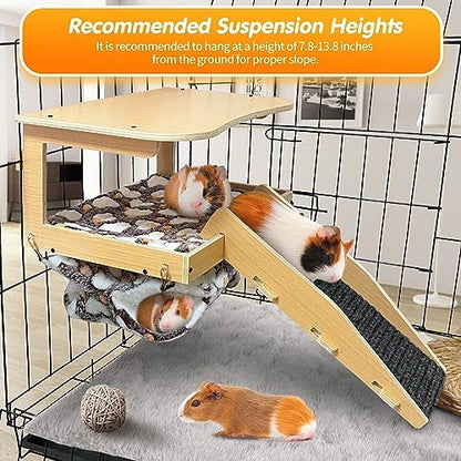 Guinea Pig Hideout，Natural Wood Removable Guinea Pig Bed, Small Animal Habitat with Hanging Hammock/Staircase/Cushion, Suitable for Small Animals to Hide, Rest, Play
