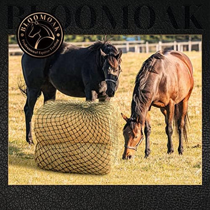 Bloomoak Slow Hay Net Feeder for Horses, Durable Soft Black PE 2/3 String Hay Bales Bags, Fit 36x18x18 to 47x25x17 Inches, Extends 50-64 Inches (2 1.6" Hole/1PC)
