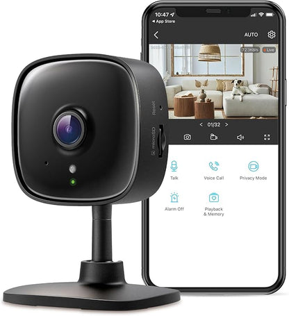 Tapo 2K Indoor Wired Security Camera - Works as a Baby Monitor & Pet Camera, Person/Motion/Baby Cry Detection, 2-Way Audio, Siren, Subscription-Free Local Storage or Optional Cloud, Black, C111