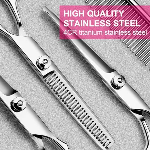 TINMARDA Dog Grooming Kit, Professional Stainless Steel Dog Grooming Scissors with Curved Shears, Pink Finger Rings - 4 Piece Sharp Durable Pet Shears for Dogs Cats At Home Salon-Quality Grooming