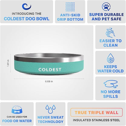 Coldest Dog Bowl - Anti Rust Metal, Non Slip, 3 Layers Insulated Stainless Steel Dog Bowls - Spill Proof & Heavy Duty - Water Bowl for Dogs, Cats & Pets, Dish Washer Safe (21 oz, Terraform Green)
