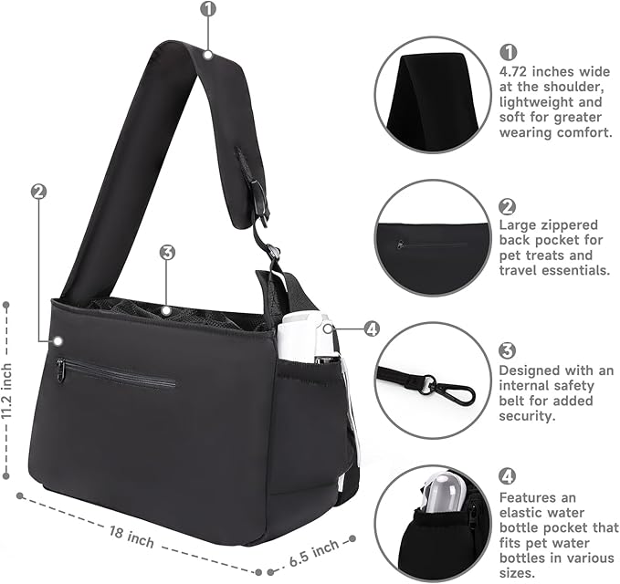 Pet Sling Carrier for Small to Medium Dogs and Cats, Fits 10–20lbs, Adjustable Soft Padded Shoulder Strap Dog Sling Carrier with Storage Pocket for Hands-Free Outdoor Travel & Hiking Black