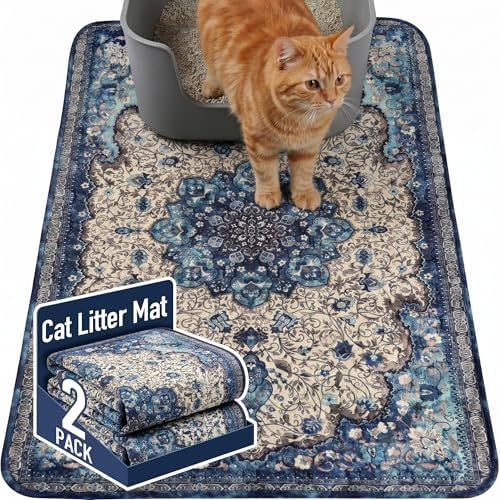 Hompet Cat Litter Mat 2 Pack, 24x36 Large Machine Washable Trapping Mats for Cats, Super Absorbent & Urine-Proof Cat Litter Box Mat for Floor, Waterproof & Non Slip Kitty Litter Rug