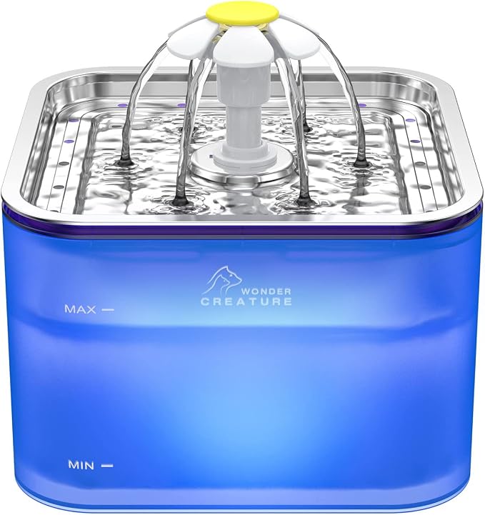 Wonder Creature Crystal Cat Water Fountain Stainless Steel Lid, 101oz/3L | Pet Fountain with Transparent Base, Quiet Pump, LED Indicator Light, Triple Filtration, 3 Flow Modes for Cats and Dogs