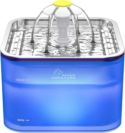 Wonder Creature Crystal Cat Water Fountain Stainless Steel Lid, 101oz/3L | Pet Fountain with Transparent Base, Quiet Pump, LED Indicator Light, Triple Filtration, 3 Flow Modes for Cats and Dogs