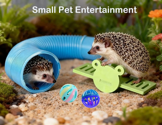 Hedgehog Ferret Enrichment Toys Set, Includes Hideout Tunnel, Skateboard, Ball Bell, Cozy Bed, and Seesaw, 5 Piece Hamster Small Animal Tunnel Hide