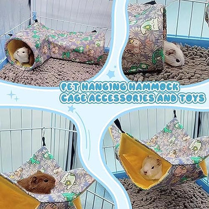 Guinea Pig Rat Tunnel Ferret Hammock, Small Animal Corner Tunnel & Tubes & Bed for Hedgehog Piggy Chinchilla Hideout Toys and Cage Accessories (3.Hammock&Tunnel, Owl)