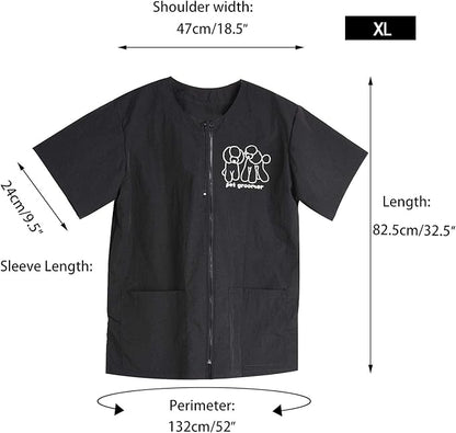 Noverlife Short Sleeves Pet Grooming Work Clothes with Full Zipper, XL Size, Splash Proof Anti-Static Pets Beautician Smock, Dog Cat Groomer Cosmetologist Uniforms for Pet Shop Men Women