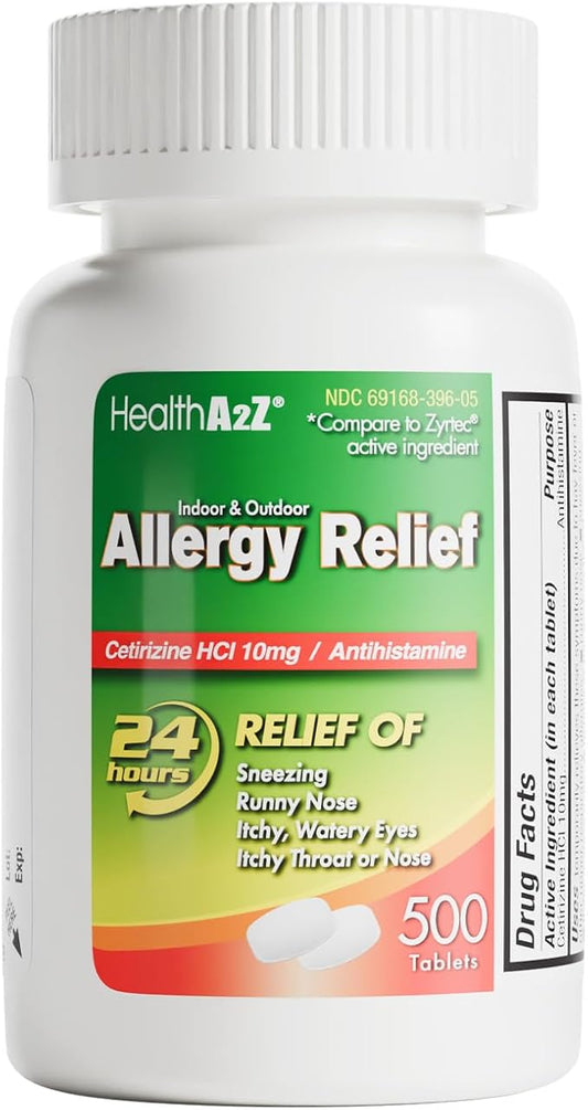 HealthA2Z® Allergy Relief, Cetirizine 10mg, Dye-Free Formula, 24-Hour Antihistamine, Indoor & Outdoor Allergy Relief, 500 Tablets