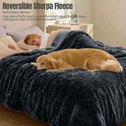 Waterproof Dog Blanket Pet Throw Blankets Fluffy Long Faux Fur Reversible Puppy Blankets 40x28in Furniture Protector Cover for Sofa Bed Couch Bed Cover Washable for Dogs Cats (Grey S)