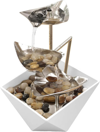 Trilogy Tabletop Fountain with 3-Tier Stainless Steel Waterfall | Handcrafted Design, Adjustable Water Flow & Smart Pump for Modern Home Decor