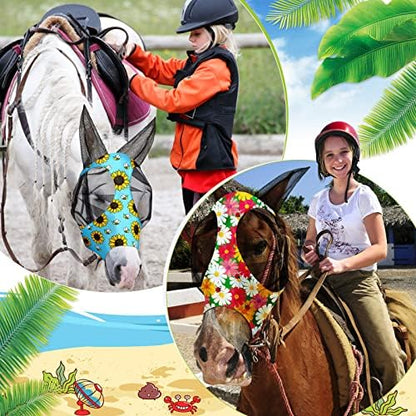 Weewooday 2 Pieces Horse Fly Masks for Horses Soft Fly Masks for Ears Smooth and Elasticity Mask with UV Protection(Flower Patterns,L)
