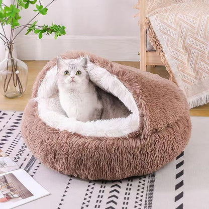 Round Fluffy Hooded Cat Bed Cave, Anti-Anxiety Cave Bed with Blanket