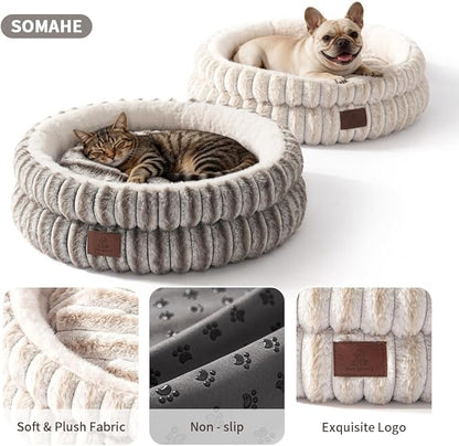 Cat Bed, Round Plush Faux Fur Donut Cuddler – Machine Washable Calming Cat Bed for Indoor Cats & Kittens, Removable Cushion Non-Slip Fluffy Kitten Bed, Cozy Small Cat Nest, 20" Inch White
