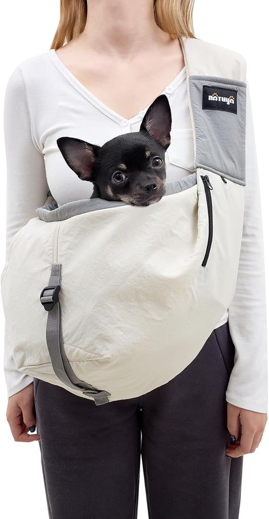 NATUYA Dog Sling Carrier for Small Dogs, Lightweight Cozy Puppy Carrier with Zip Pockets Adjust Strap, Size Adjustable, Double Safety, Hands-Free Travel Carrier for Pet Under 15lbs