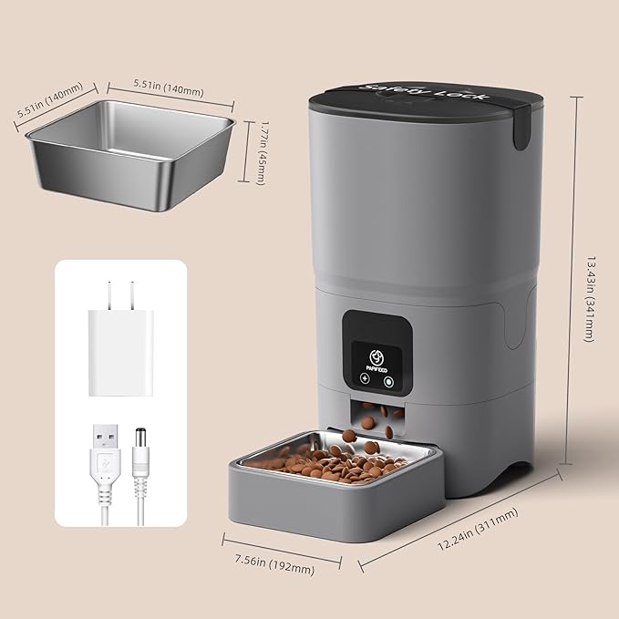 PAPIFEED Automatic Cat Feeder, 2.4G WiFi Cat Food Dispenser with App Control, 6L Timed Cat Feeders for Dry Food, Detachable for Easy Clean, Dual Power Supply, up to 10 Meals per Day, Gray