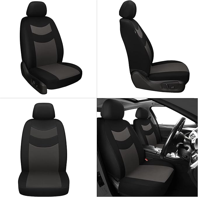 Universal Car Seat Covers for Front Seats, Cloth Front Car Seat Cover, Easy to Install, Breathable and Washable Universal Interior Covers for Auto, SUV, Sedan, Van, Airbag Compatible, Black & Charcoal