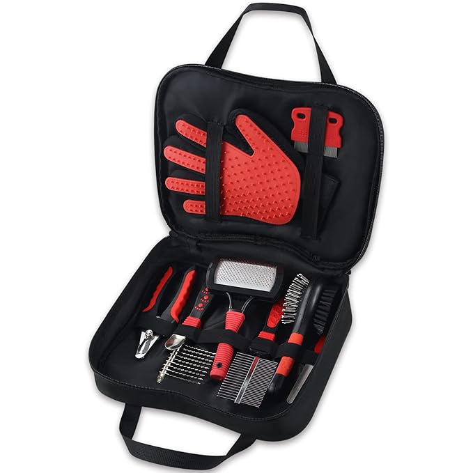 Wisedog Dog Grooming Kit 8PCS - Pin & Bristle Brush, Slicker Brush, Dematting Tool, Nail Clipper, Hair Removal Mitts, Flea Comb for Dogs and Cats (Reddish-black)