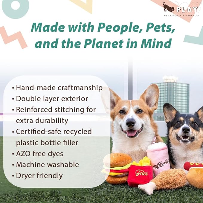 P.L.A.Y. Cute Plush Dog Toys - Fast Food Themed Durable Giggle Chew Toy, Great for Puppies & Small, Medium, Large Dog - Machine Washable, Recycled Materials (American Classic Fried Chicken, X-Small)