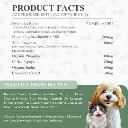 Freeze-Dried Probiotics Chews Supplement for Dogs & Cats, 5-in-1 Probiotic Blend for Digestive and Gut Health, 120ct/300g