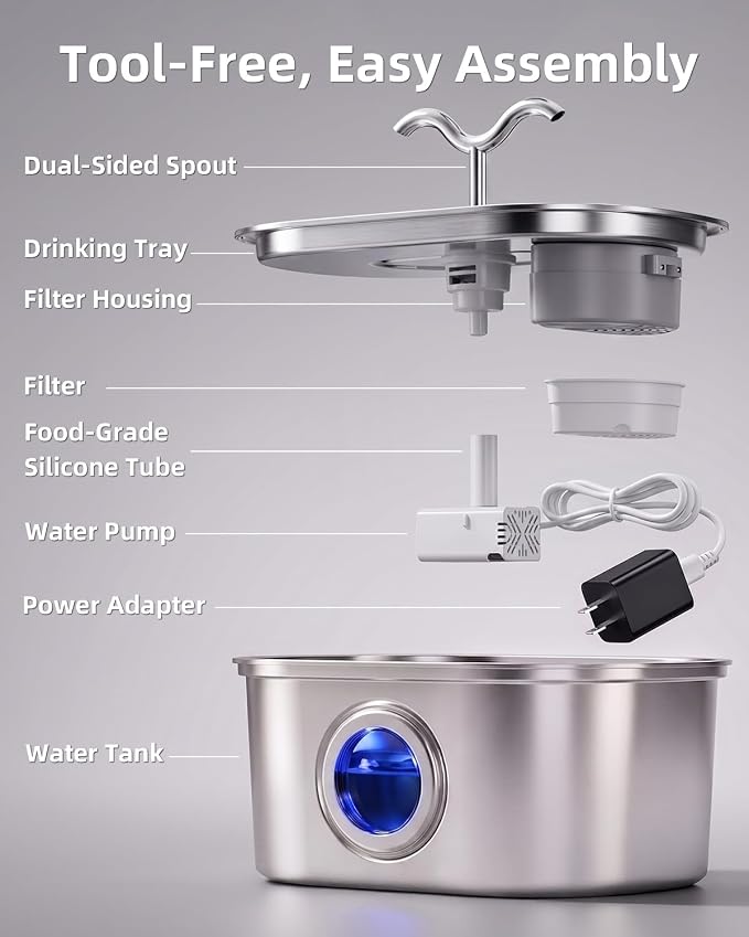 3.2L/108oz Stainless Steel Cat Water Fountain Pet Fountain | Automatic Pet Water Dispenser - Self-Designed Filtration System - Ultra-Quiet Pump - Easy Cleaning & Maintenance