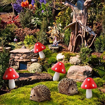Queekay Fairy Garden Hedgehog Miniature Figurines, Resin Mushroom Decor