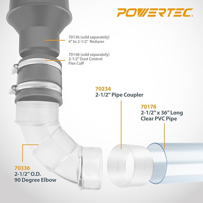 POWERTEC 70469 Clear PVC Pipe 2-1/2" x 36" Long, 2-1/2" OD 90 Degree Elbow and 2-1/2" Pipe Coupling for Dust Collection Hose & Fittings