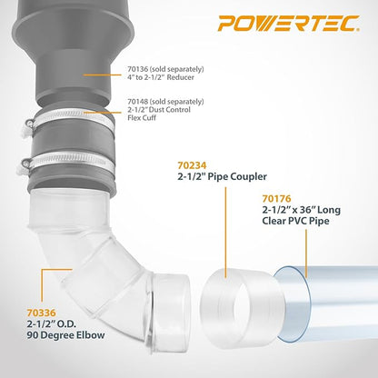POWERTEC 70469 Clear PVC Pipe 2-1/2" x 36" Long, 2-1/2" OD 90 Degree Elbow and 2-1/2" Pipe Coupling for Dust Collection Hose & Fittings