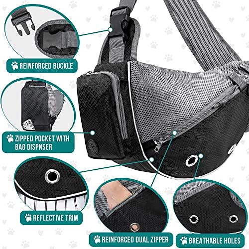PetAmi Small Dog Sling Carrier, Puppy Cat Hands-Free Purse, 5 lb, Black