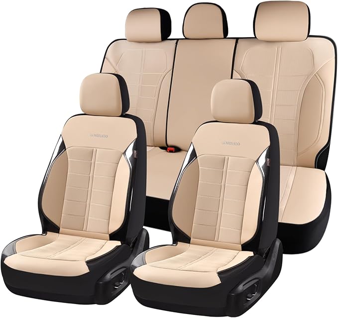 Coverado 3D Air Mesh Car Seat Cover Full Set, Sports Carbon Fiber Design, Breathable Seat Protectors Airbag Compatible Comfort Universal for Most Cars, Van,Trucks, SUV, Beige