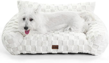 Made4Pets Cat and Dog Indoor Couch Bed, Soft Faux Fur Checkered Pet Sofa, Cozy Fluffy Pet Sofa with Supportive Foam, Removable Washable Cover with Non-Slip Base, White, Medium