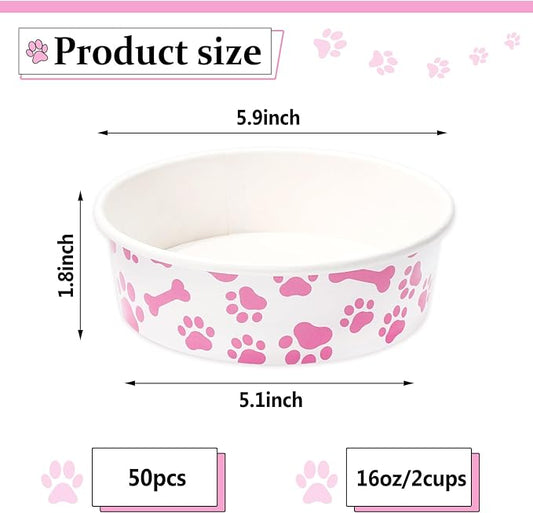 Whaline 50Pcs Pet Disposable Feeding Bowls Pink White Paper Dog Bowls Small Dog Dish 16oz 2 Cup Pet Food Bowl Serving Food Tray for Puppy Cat Travel Wet Dry Food Water