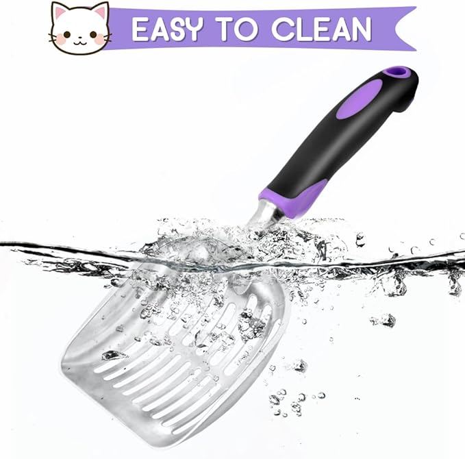 Showvigor Cat Litter Scoop, Metal Cat Scooper, Rubber Handle Scoop, Sifting Shovel – Heavy Duty Aluminum Alloy Litter Box Scoop with Deep Mesh, Design for Easy Waste Removal and Cleaning(Purple)