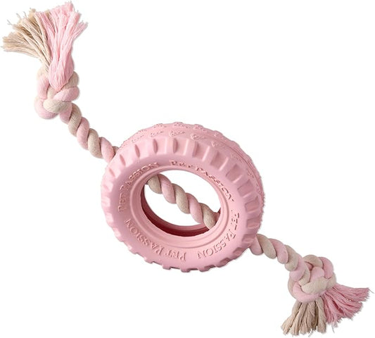 Pet Passion Natural Rubber Tire and Organic Cotton Rope Pull and Chew Dog Toy for All Pet Breeds, Blush, Small
