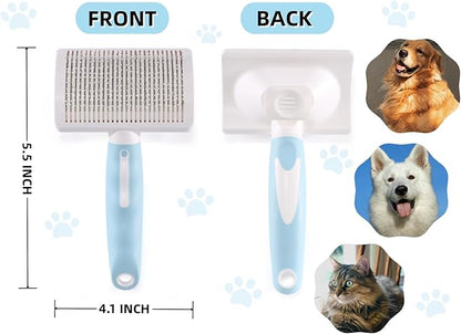 Dog Self-Cleaning Slicker Brush with One Button Fur Removal and Coated Tips Deshedding Brush for Medium or Long Hair Dogs for Massaging Grooming Blue