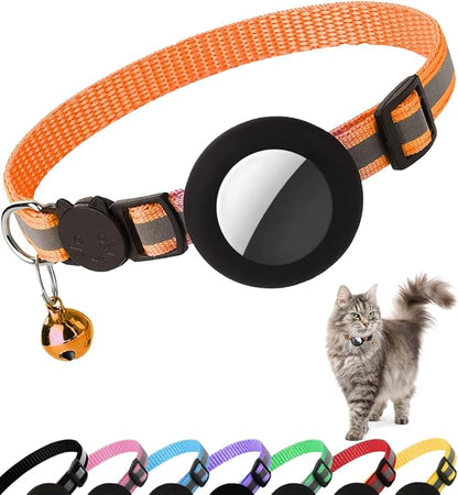 Airtag Cat Collar Breakaway, Cat Collar with Air Tag Holder(Orange) | Safety Breakaway Buckle, Reflective Strip, Lightweight, Bell, 0.4 Inches in Width, Adjustable Size to Fit Different Cats