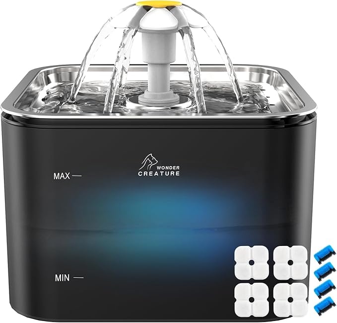 Wonder Creature Crystal Cat Water Fountain Stainless Steel Lid, 101oz/3L | Quiet Pet Fountain with Transparent Base, LED Light, Triple Filtration, 3 Flow Modes for Cats and Dogs, 4 Filters & 4 Sponges