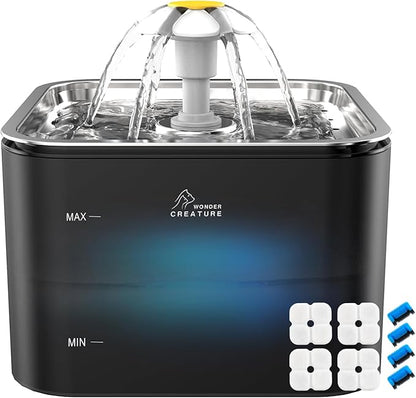 Wonder Creature Crystal Cat Water Fountain Stainless Steel Lid, 101oz/3L | Quiet Pet Fountain with Transparent Base, LED Light, Triple Filtration, 3 Flow Modes for Cats and Dogs, 4 Filters & 4 Sponges