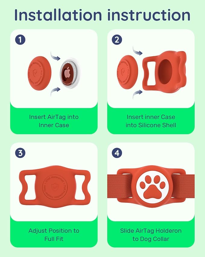 IP68 Waterproof Dog AirTag Holder for Dog Collar, Soft, Stretchy Silicone | Full-Body Protection, Easy Tool-Free Installation, Quiet, No-Dangle Fit, Lightweight, Fits Dog & Cat Collars of All Widths