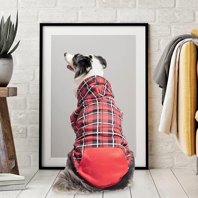 EXPAWLORER Plaid Dog Hoodie - British Style Warm Dog Sweater Shirt with Leash Hole,Pitbull Clothes Outfits,Winter Coat Apparel for All Breeds Puppy Girl Boy-Cat Apparel,Red X-Large