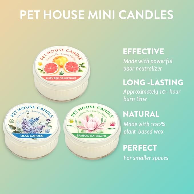 Pet House Mini Candles for Pet Odor Made with Natural Soy Wax, Plant Based, Dog and Cat Friendly Scented Candles, Floral Variety Pack of 3