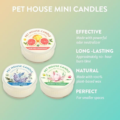Pet House Mini Candles for Pet Odor Made with Natural Soy Wax, Plant Based, Dog and Cat Friendly Scented Candles, Floral Variety Pack of 3