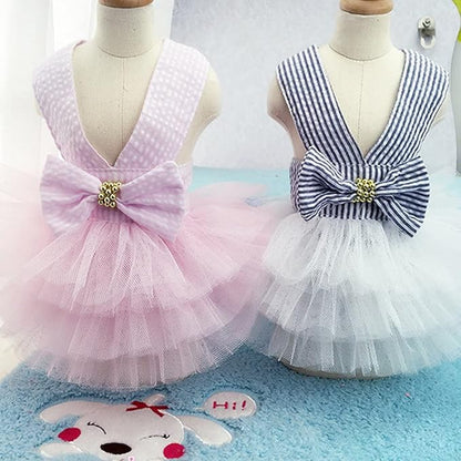 Dog Dresses, Fashion Pet Dog Clothes, Striped Mesh Puppy Dogs Princess Dresses (Blue, X-Large)